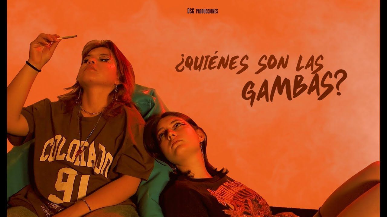 Dos chicas recostadas en un puf sobre un fondo naranja junto al título ¿Quiénes son las Gambas?